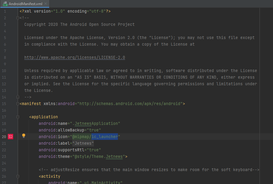 Android manifest xml - name, icon, theme and all other details explained